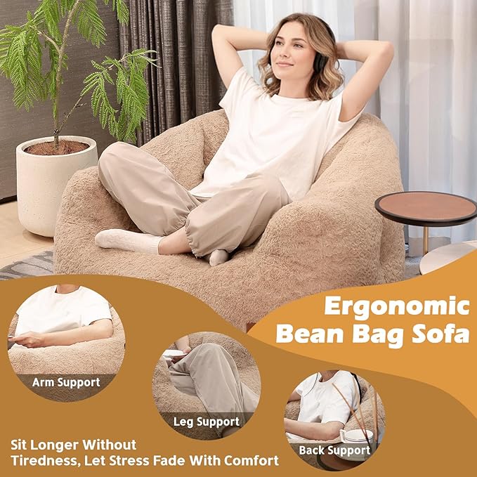 Big Bean Bag Chairs for Adults Giant Sofa with Faux Fur Shell-Shaped Beanbag Couch, Stuffed Large Bean Bag Floor Chair for Living Room, Beanbags Reading Chair for Bedroom Single Sofa(L-Khaki)