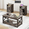 AMERLIFE 3-Piece Farmhouse Table Set Includes Coffee Table& Two End Tables, Side Table with Charging Station and USB Ports, for Living Room, Dark Oak