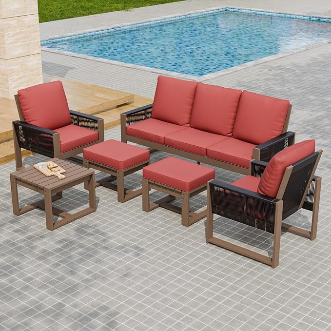 INTER HUT Rustic Hideaway Natural Cedar Wood Outdoor Furniture Set, Wicker Patio Conversation Set for Porch Garden Backyard, Couch, 2 Patio Chairs, Side Table and 2 Ottomans, 6 Piece, Brownish/Red