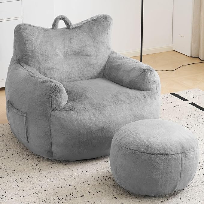 Giant Bean Bag Chair for Adults with Ottoman, Oversized Bean Bag with Filling Plush Fluffy,BeanBag Lazy Sofa Couch with Armrest for Living Room, Stuffed Floor Sofa with Sidepocket for Bedroom, Grey