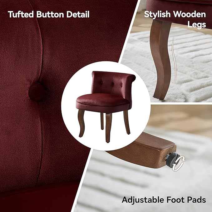 WUTUTUEE Velvet Vanity Chair with Solid Wood Legs, Tufted Upholstered Vanity Stool with Back, Mid Century Small Makeup Accent Chair for Bedroom, Living Room, Burgundy
