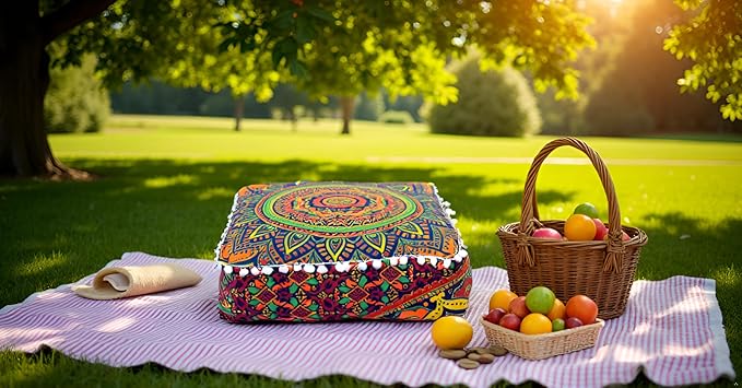 CRAFT KALA Large Hippie Mandala Meditation Floor Ottoman Pillow Cushion Pouf Cover Square Poufs Bohemian Circle Floor Cushion Case Outdoor Fireplace Yoga Living Room Decor Cover New Blue, 16" Square