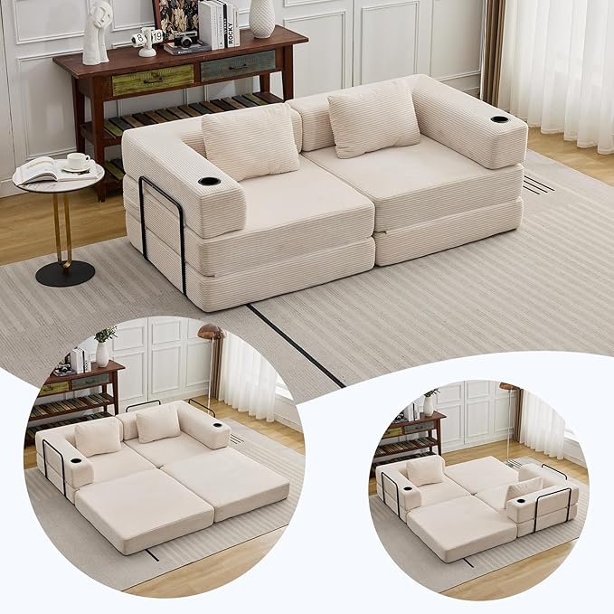 78" Loveseat Sleeper Sofa, 4 in 1 Convertible Floor Sofa Bed, Boneless Cloud Couch with Cup Holder, Fold Out Floor Couch for Living Room Bedroom Lounge, Corduroy, White