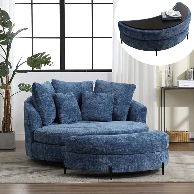Chifee & Vingol 59.8" W Oversized Accent Barrel Chair Large Round Chair with Ottoman & Movable Wheels,Blue