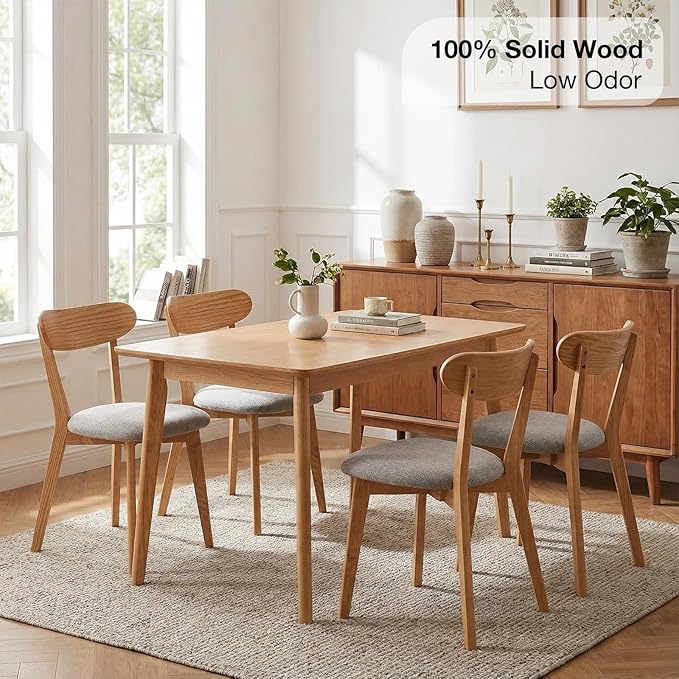 Bamskov 100% Solid Oak Wood Dining Room Chairs - Practical Kitchen Chairs - Wood Chair for Dining Room, Kitchen (4, Natural with Grey Cushion)