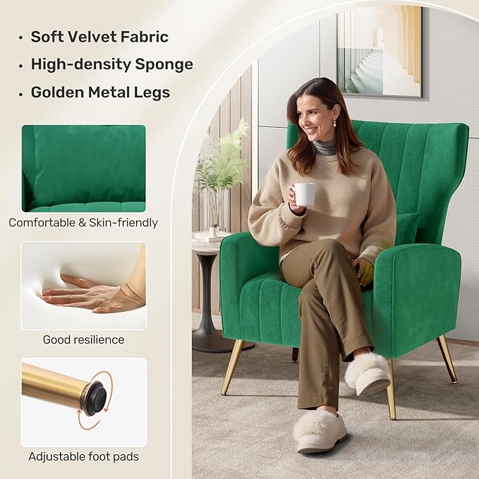 Nalupatio Modern Accent Chairs for Living Room Chairs Upholstered Velvet Fabric Reading Chair Mid Century Arm Chair Comfy Armchair,Green