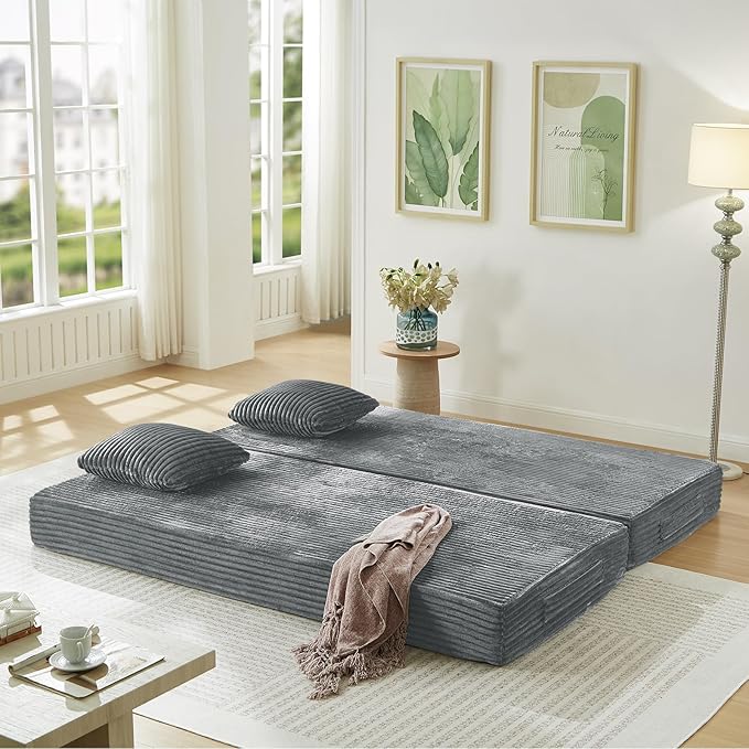 Modular Couch Bed, Convertible Folding Plush Corduroy Comfy Floor Memory Foam Compression Loveseat Sleeper Sofa Couch, King Size Bed for Guest Room Living Room Bedroom, No Assembly Required, Grey
