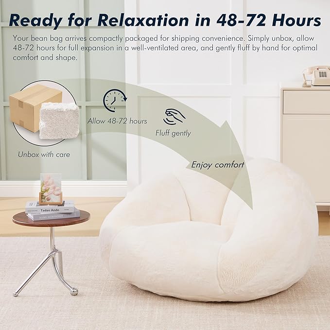 3.28 Feet Bean Bag Chair for Adults, Shell-Shaped Bean Bag Lazy Couch, Faux Fur Cloud Sofa Chair, Lounge Floor Sofa with Filler for Reading, Gaming & Watching, No Assembly Required (Beige)