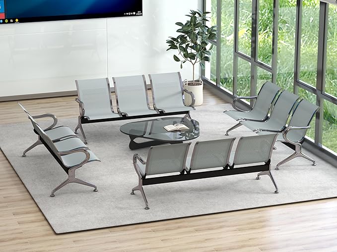 Kinsuite 3-Seat Reception Chairs - Waiting Room Chairs with Arms & Stainless Steel Frame, Waiting Room Bench Lobby Chairs for Office Airport Bank Hospital, Silver