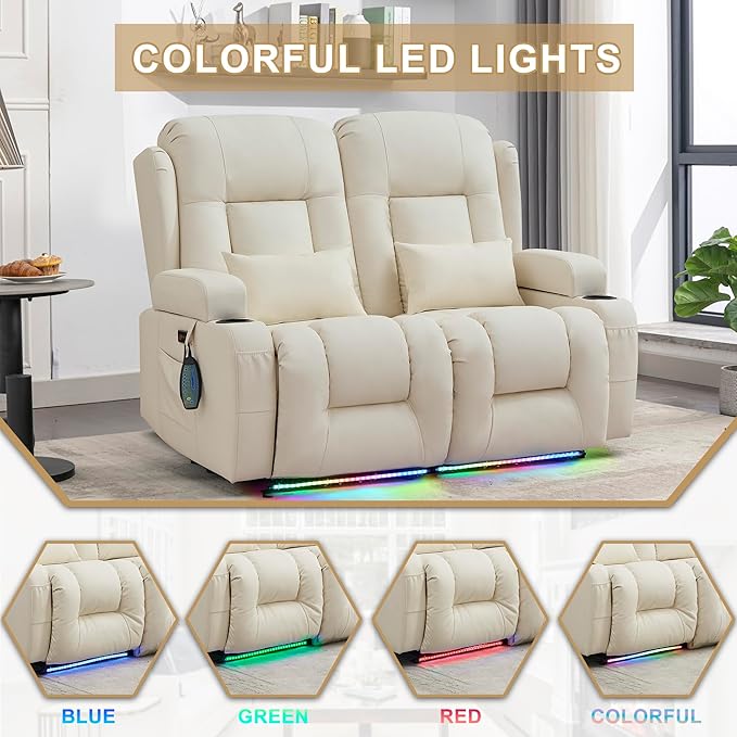 URRED Loveseat Recliner Sofa with Massage and Heat, Power Reclining Loveseat Sofa RV Couch Home Theater Seating with LED Lights, Cup Holders, Side Pockets, USB, Pillows, Faux Leather, Ivory