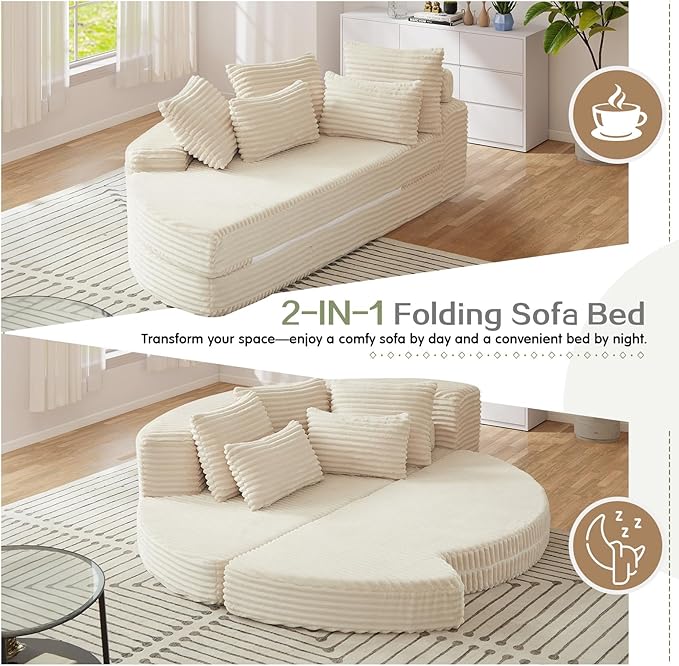 Antetek Chaise Lounge Chair Indoor, Convertible Folding Futon Sofa Bed w/ 5 Pillows, Fluffy Corduroy Boneless Compressed Memory Foam Couch for Living Room, Bedroom (Beige, Left Half)