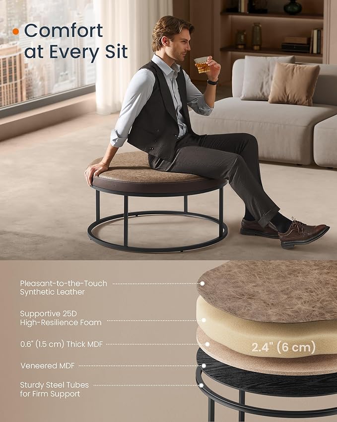 SONGMICS HOME LUIZ Collection - Ottoman, Round Coffee Table, Footstool, Reversible Top, Padded Seat, Side Table, Minimalist, Steel Frame, Max. Load 660 lb, for Living Room, Walnut Brown ULOM078K01