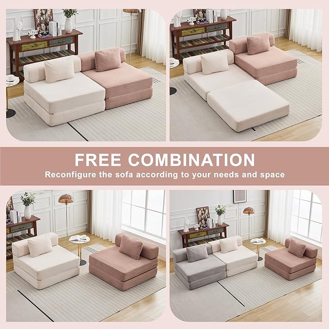 Folding Sofa Bed, Convertible Sleeper Chair with Pillow, Single Sofa with Back Support, Portable Fold Out Chair Cloud Couch Bed, Comfy Floor Sofa Lounge for Living Room Bedroom, Pink