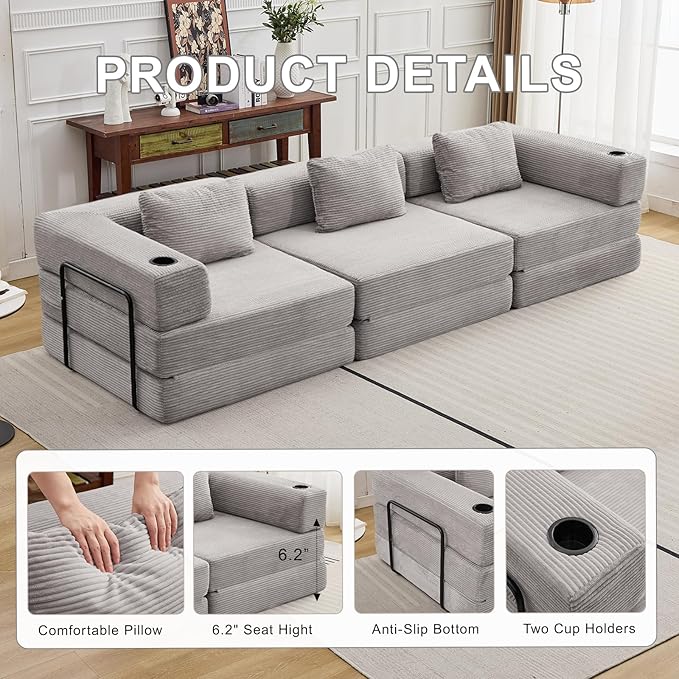 118" Oversized Convertible Sofa Bed, Modular Sectional Sofa with Cup Holder, Boneless Cloud Couch with Pillow Back & Armrest, Fold Out Floor Sofa for Living Room Bedroom Lounge, Corduroy, Light Grey