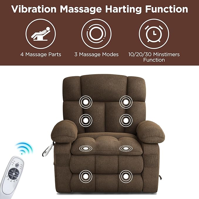 Dual Motor Power Lift Recliner Chair for Elderly with Adjustable Headrest,Extra Wide Recliner Chair with Massage,Lay Flat Recliner with Extended Footrest,Cup holder,Storebox,USB&Type-C Ports,Brown