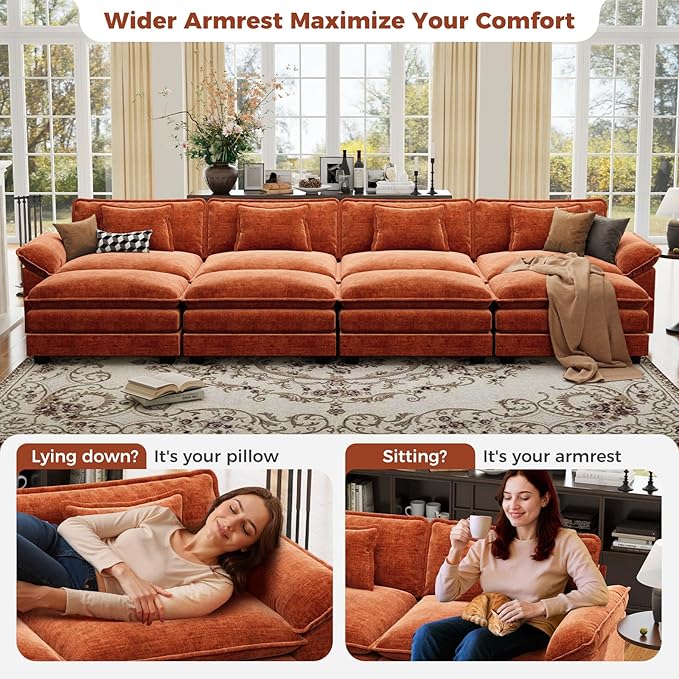 CDCASA 154" Oversized Modular Sectional Sofa Bed, Comfy Cloud Couch w/ 4 Movable Ottomans, 8-Seater Chenille Deep Seat Sofa Bed Modern Sofa Couch for Living Room, DIY Combination, Terracotta Orange