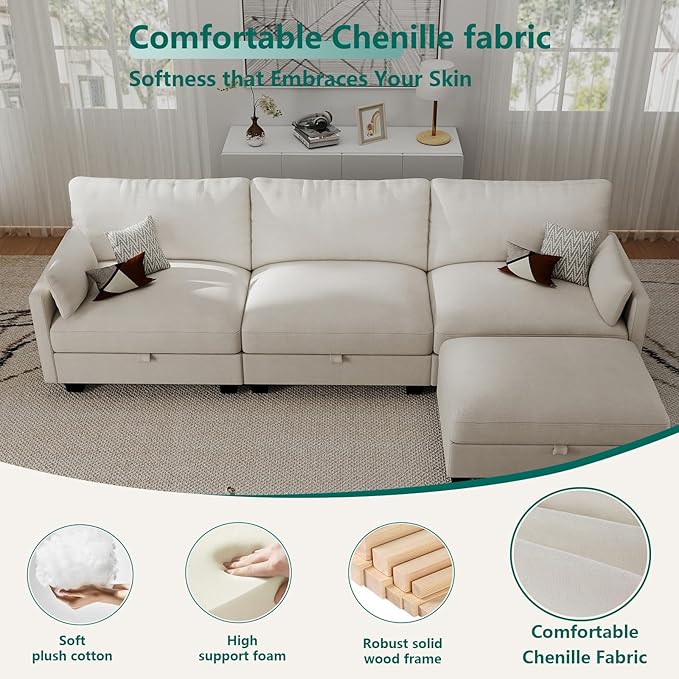 Modular Sectional L Shaped Sofa Couches for Living Room, Cloud Couch with Storage Ottoman, Comfy Chenille Sofa with Pillow, Beige