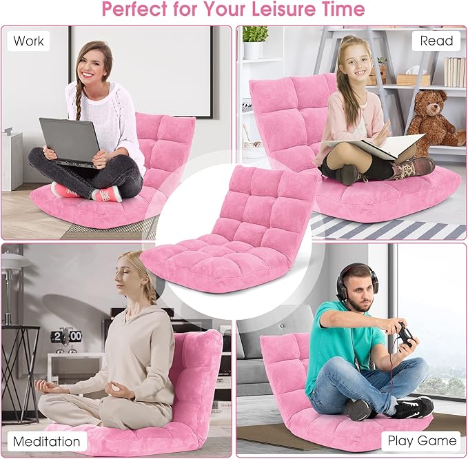Floor Chair with Back Support, Foldling Gaming Sofa Chair with Comfy Cushion, Adjustable 14-Position Meditation Chairs, Lazy Lounge Recliner Reading Seat for Adults, Kids (Pink)