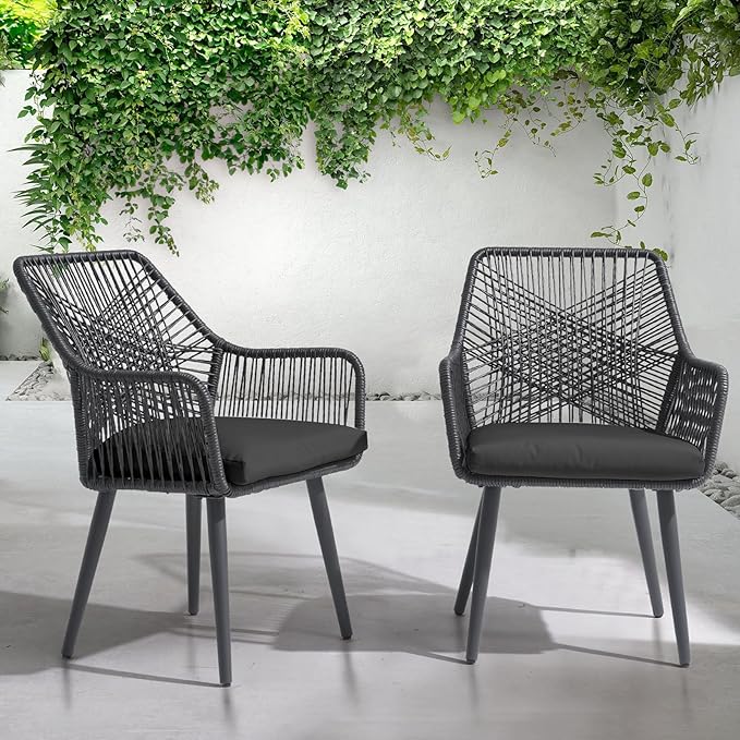 Patiorama Patio Dining Chair Set of 2,Woven Rope Outdoor Dining Chairs w/Steel Frame,All-Weather Twisted Rattan Chairs w/Armrest & Cushion,Outdoor Dining Wicker Chairs for Backyard Garden(Dark Grey)