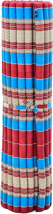 Leewadee - Foldable Floor Mattress - Japanese Roll Up Futon -Trifold Tatami Mat- Guest Floor Bed - Camping Mattress - Thai Massage Mat, Kapok Filled, 75 x 57 inches, Blue Red