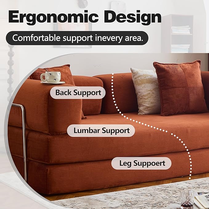 LIAROO 98.4" Convertible Sofa Bed - Compression Sofa with Corduroy Fabric - with Armrests and Backrest - Modular Sectional for Living Room, Bedroom, Studio - Compression Sofa in Box (Orange)