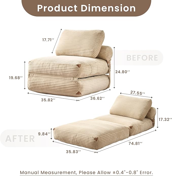 ovios Folding Sofa Bed, Foldable Sleeper Chair Floor Futon, Comfy Portable Convertible Fold Out Lounge Chairs for Living Room Bedroom, Beige