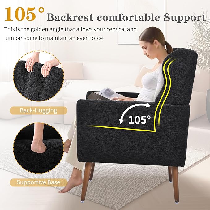 QKFF Accent Chair Set of 2, Upholstered Armchair with Pillow, Fabric Single Sofa Chair with Lounge Seat and Wood Legs Accent Chair for Living Room Small Spaces (Black, Set of 2)