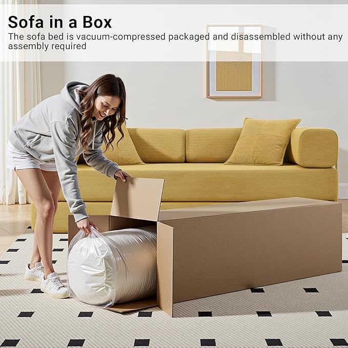 78" Convertible Sleeper Sofa Bed, Corduroy Folding Sofa Bed with Fixed-Shape Frame, Fold Out Floor Mattress Couch, Lazy Compression Sofas for Living Room, Bedroom, No Assembly Required, Yellow