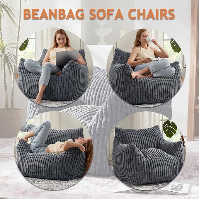 Giant Bean Bag Chairs for Adults with Filling Plush Fluffy Bean Bag Chairs for Teens with Armrests Comfy BeanBag Lazy Couch Sofa Chair for Bedroom Living Room Reading (Dark Gray2, M-for Teens/Adults)