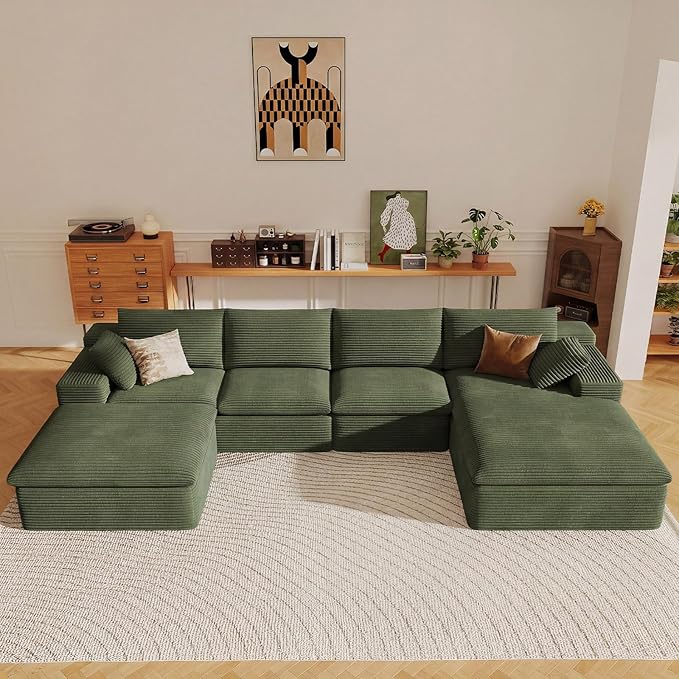 136" Cloud Sectional Couch with U-Shaped Chaise,Corduroy Viral Boneless Sofa with Ottoman,Memory Foam Couches in a Box with Deep Seat for Living Room,No Assembly Required (Green,Right-Facing Chaise)