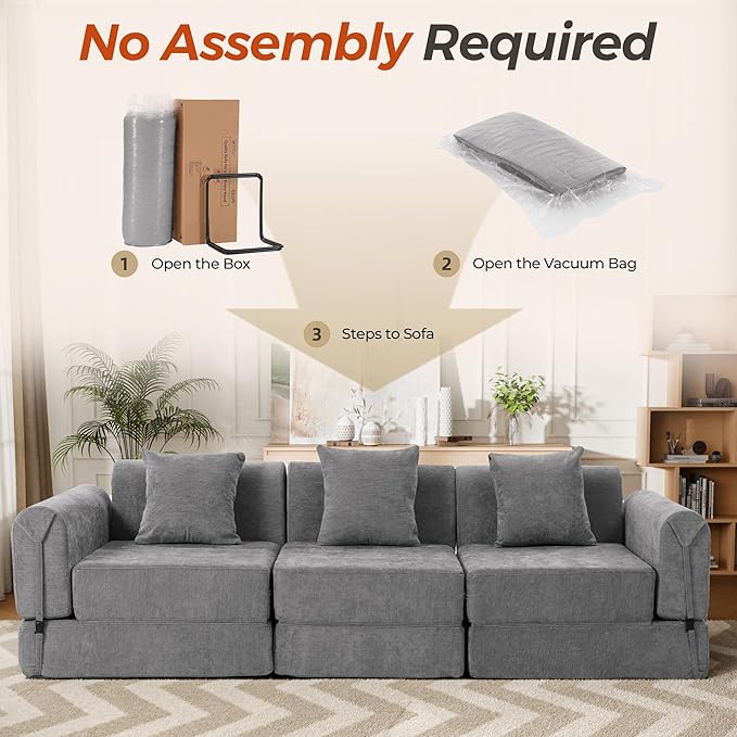 100" Oversized Convertible Sleeper Sofa Bed, Modular Sectional Cloud Sofa with Fixed-Shape Frame & Tabletop, Boneless Couch with Storage Pocket for Living Room, No Assembly Required, Dark Gray