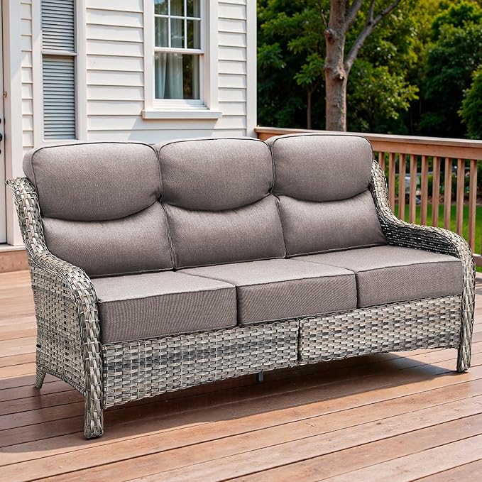 Pugire 71'' Patio Couch Outdoor Wicker Sofa, Heavy Duty All-Weather Rattan 3-Seater Sofa with Deep Seating and Removable Cover, Outdoor Patio Furniture for Deck Porch Sunroom Backyard Grey