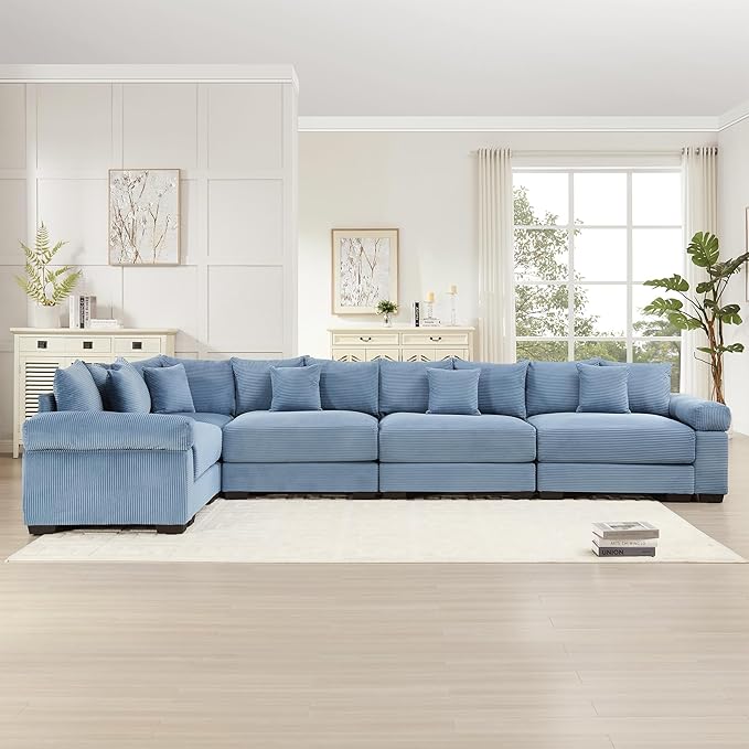 KEIKI 146" L-Shaped Oversized Corduroy Modular Cloud Sectional Sofa with High-Density Foam Cushion, Extra-Thick Armrest, Convertible 5-Seater Fluffy Corner Couch with 18 Pillow, for Living Room, Blue