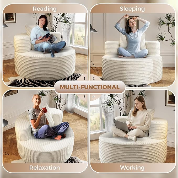 37.4" Oversized Boneless Chair Round, Chaise Lounge Boneless Accent Chair Indoor, Upholstered Corduroy Deep Seat Sofa Chair, No Assembly Required, for Living Room Bedroom Apartment