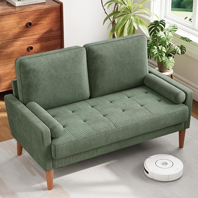 Vesgantti Loveseat Sofa with Solid Wood Legs,48" Small Corduroy Couches for Small Spaces, Mid Century Modern Love Seat for Living Room, Bedroom, Easy Assembly with Throw Pillow, Green