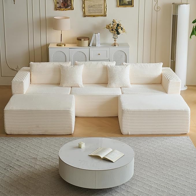 110" Modular Sectional Couch with 2 Movable Ottoman, Cloud Sofa Couches for Living Room, U Shaped Deep Seat Boneless Sofa,Luxury Corduroy Fabric, No Assembly Required White