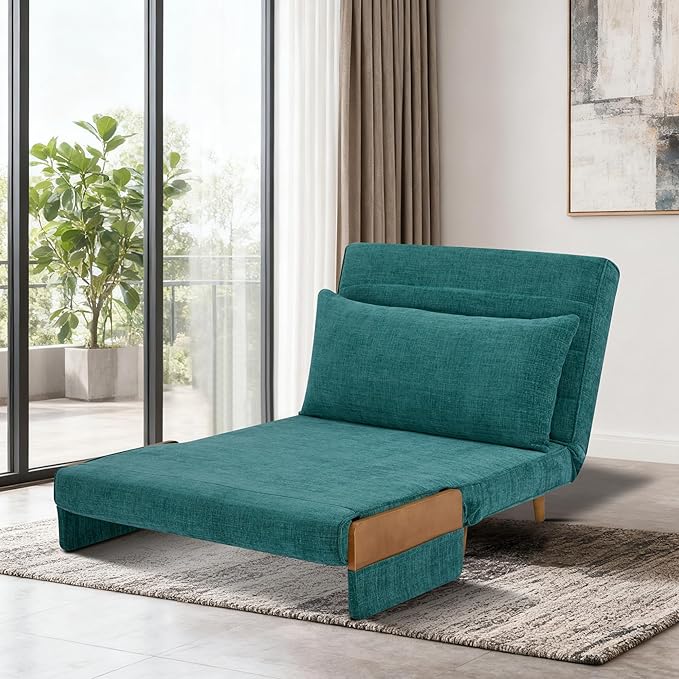 CITTANEO 42" Convertible Sleeper Chair, 3-in-1 Chair Bed Sleeper for Adults with Adjustable Backrest, Pillow & Wooden Arms, Loveseat Sofa Bed for Apartment, Office, Peacock Blue