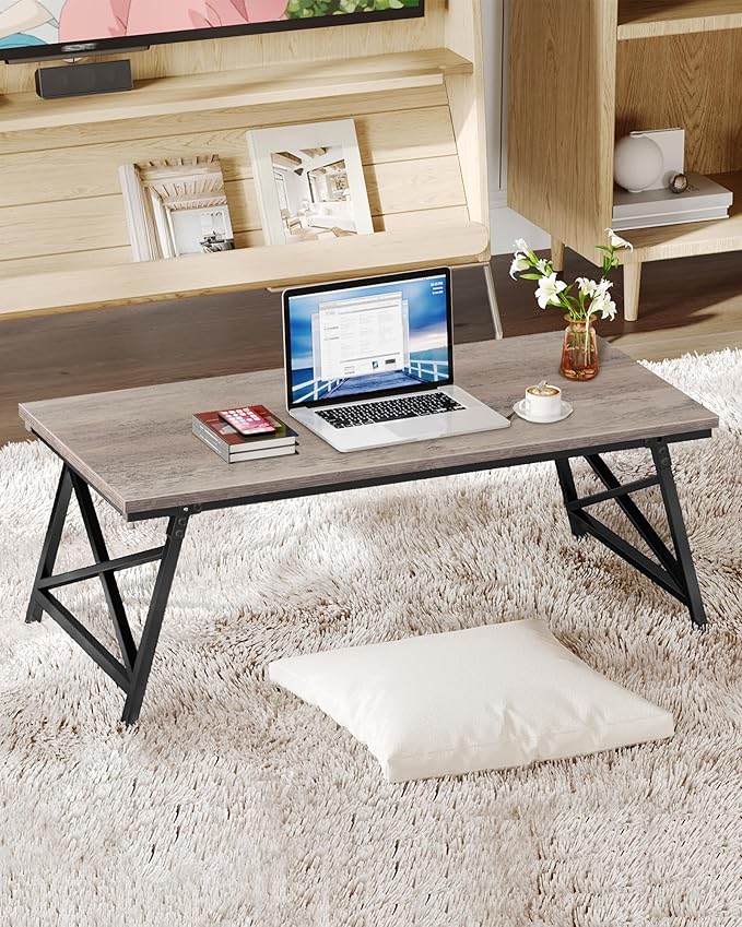 CHOEZON 41.3" Folding Coffee Table with Safety Buckles, Low Coffee Table, Portable Floor Table, for Sitting on The Floor, for Living Room, Bedroom, Balcony, Caravan, Greige and Black TKF01BG