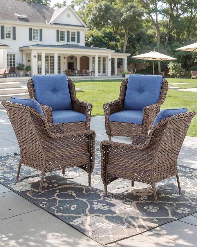 ACTREST Patio Wicker Chairs Outdoor Furniture Chair - Set of 4 Outside All Weather Lawn Dining Brown Rattan Armchair with High Back&Deep Seating for Deck Porch Balcony Backyard Garden - Navy Blue
