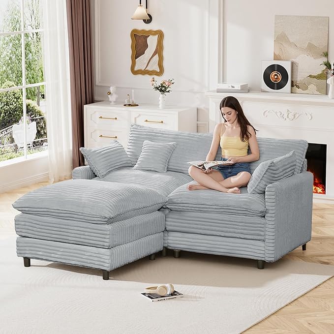 HYJT-H&K 74" L Shaped Cloud Couch Modular Small Sectional Couches for Living Room Small Spaces, Comfy Fluffy Corduroy Cloud Loveseat with Ottoman 3 Seat Sectionals Sofa, Grey