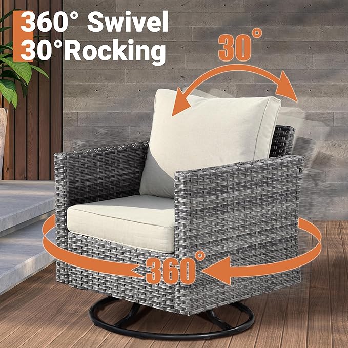 ovios 10 Piece Outdoor Patio Furniture Set with Fire Pit Table,Conversation Sectional Wicker Couch with Swivel Chairs,Modern Outside Sofa for Balcony Backyard, Beige