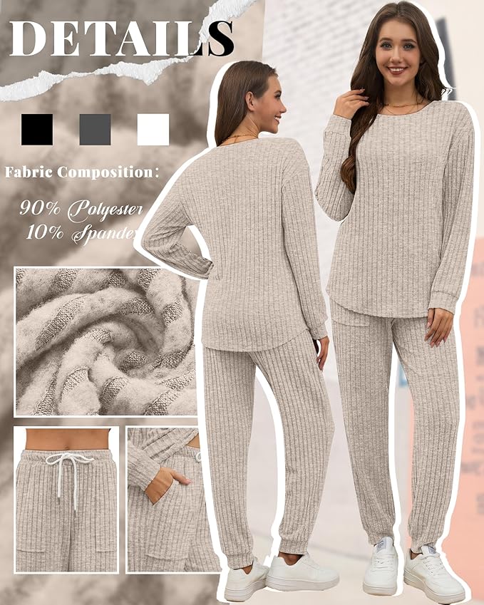 Sweetyweee Women's Ribbed Knit Lounge Sets 2 Piece Outfits Long Sleeve Pajamas Set Loungewear Sweatsuits Fall Pjs with Pocket