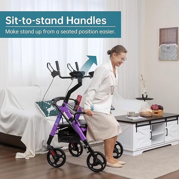 ELENKER Heavy Duty Upright Walker with Extra Wide Padded Seat and Backrest, Aluminum Bariatric Stand Up Rolling Walker, 10” Wheels, Fully Adjustment Frame, Support up to 500 lbs for Seniors, Purple