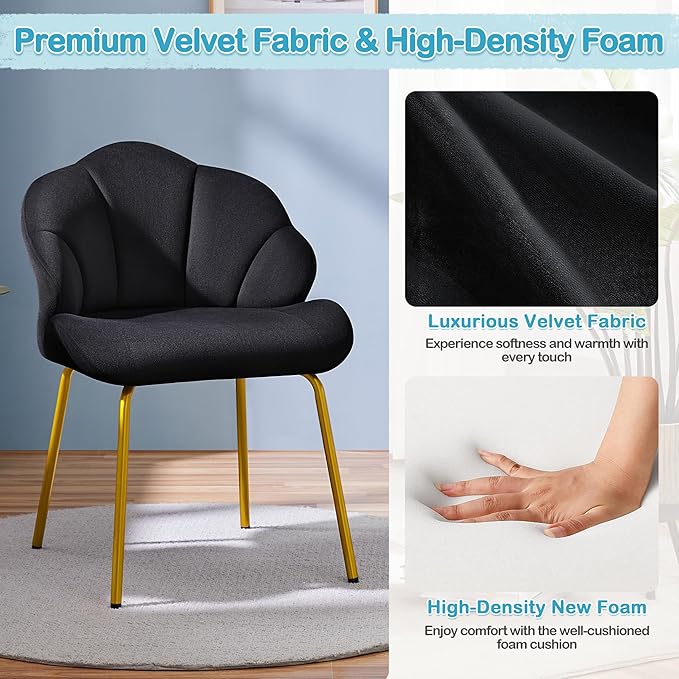 Yaheetech Vanity Chair, Velvet Accent Chair with Shell-Shaped Backrest, Modern Armchair with Gold Metal Legs for Dressing Room/Bedroom/Living Room, Black