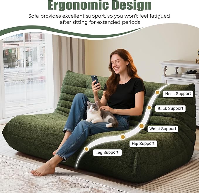 Selyteramy 3 Seat Oversized Bean Bag Chairs for Adults, Memory Foam Fireside Beanbag Couch, Comfy Bean Bag Lounger Lazy Sofa for Living Room, Bedroom, Playroom, Green