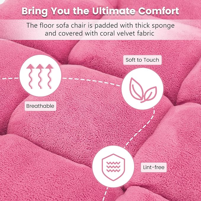 MAT EXPERT 14-Position Floor Chair, Floor Gaming Chair w/Soft Coral Fleece, Alloy Steel Frame, Padded Lazy Couch Recliner, Floor Chair with Back Support for Reading, Meditating, Playing Game (Pink)