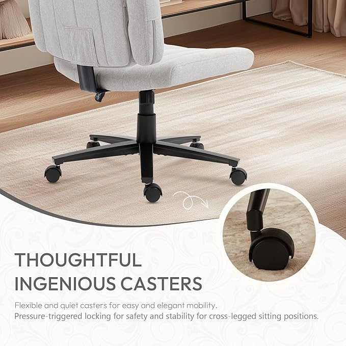 Vigosit Grey Criss Cross Office Chair with Wheels, Ergonomic Wide Seat Vanity & Dressing Table Chair, Adjustable Arms Swivel Rolling Desk Chair for Women, Comfortable Cross-Legged Support