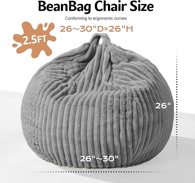 Homguava 2FT Bean Bag Chair, 2' Small Bean Bags with Memory Foam Filled, Beanbag Chairs with Machine Washable Cover Dutch Corded Plush Cover for Classroom,Living Room,Bedroom-Grey