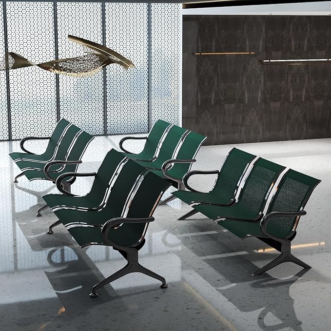 Kinfant 3-Seat Waiting Room Chair - Office Guest Reception Chairs with Ergonomic Backrests, Airport Waiting Bench with Armrests, Metal Waiting Furniture for Hospital, Bank (Dark Green, Set of 4)