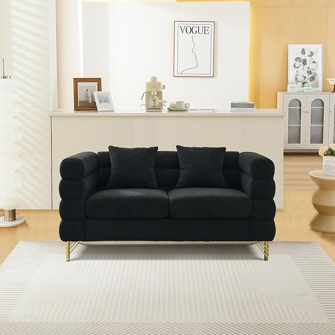 mikibama Modern Teddy Loveseat Sofa, 60 Inch Sectional Sofa Couch, Luxury 2 Seater Deep Couch with 2 Pillows and Gold Metal Legs for Living Room, Bedroom, Apartment (Black)